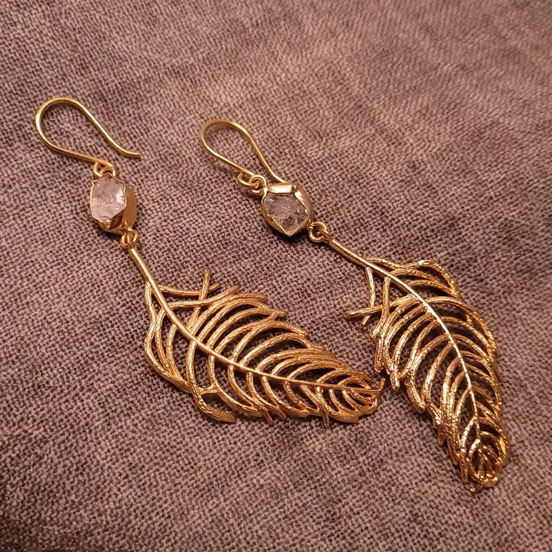 Boho Gypsy: Quartz &amp; Gold Feather Earrings