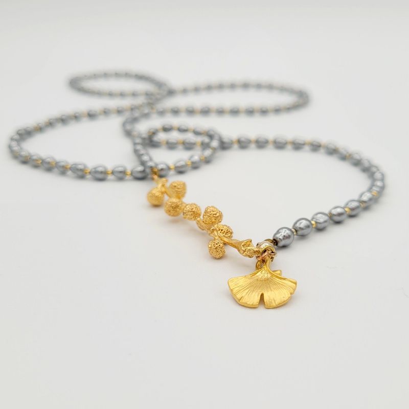 Monshiro: Ginko &amp; Grey Glass Pearl (Long Necklace)