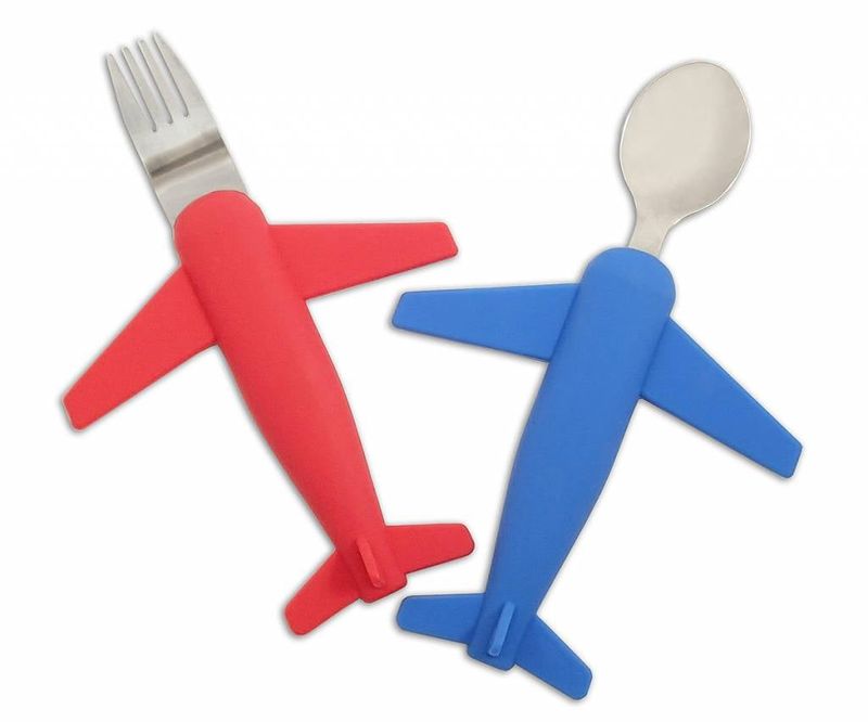 AIRPLANE FORK &amp; SPOON SET, STAINLESS STEEL &amp; SILICONE