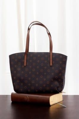 Designer Cross and Heart Purse Style Bible Cover, Brown, Large