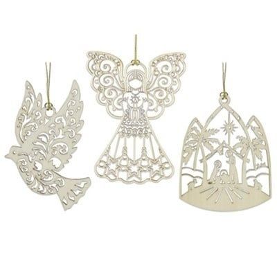 Filigree Laser-Cut Wooden Ornament Set