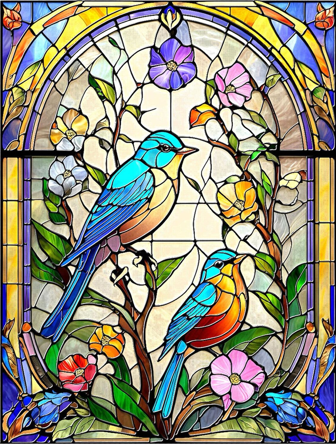 Stained Glass Flowers and Bluebirds 500