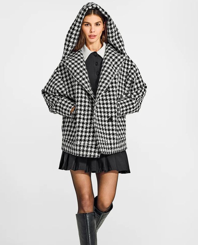 Sentaler Suri Alpaca Tweed Houndstooth Hooded Jacket SEN24-240