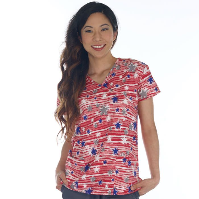 Ladies Mock Wrap Top - STARS AND STRIPES