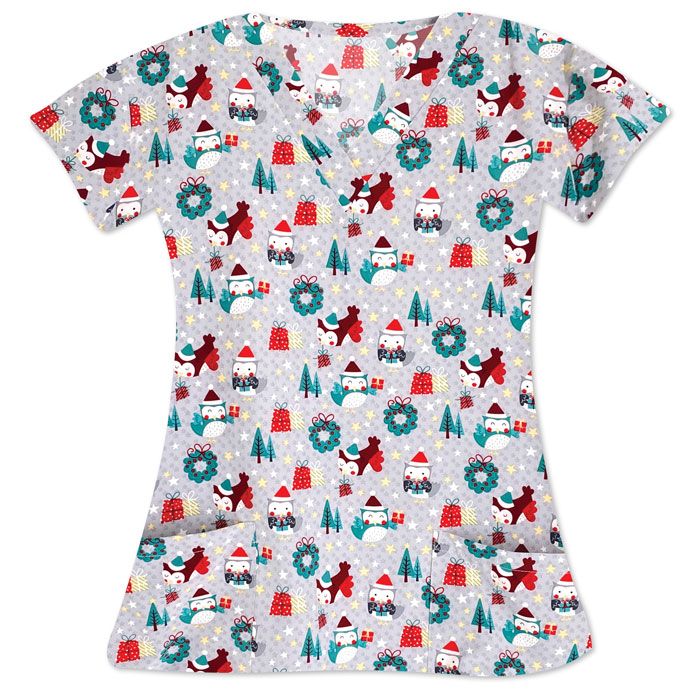 Ladies V-Neck Scrub Top - CHRISTMAS HOOT