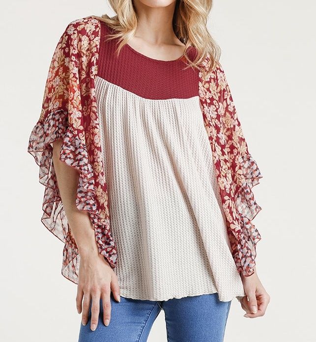 Floral Batwing Waffle Top - Natural