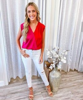 Color Block Bodysuit - Red/Pink