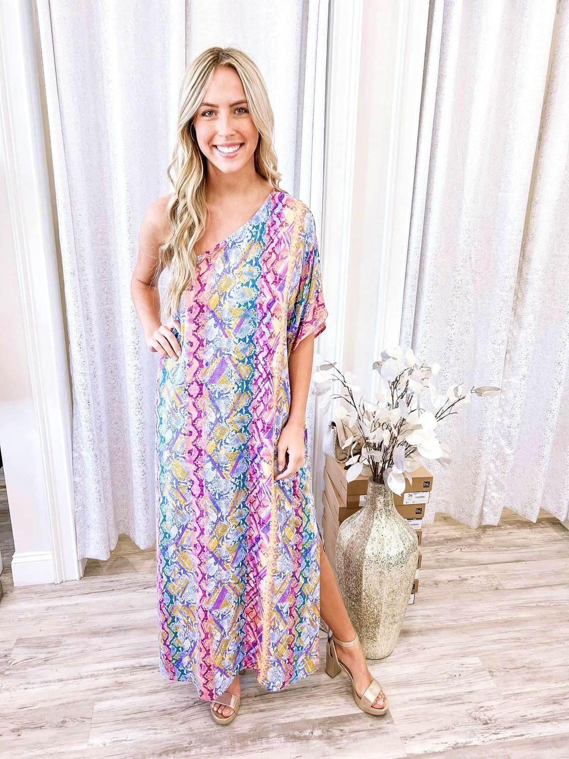 One Shoulder Snake Skin Maxi Dress