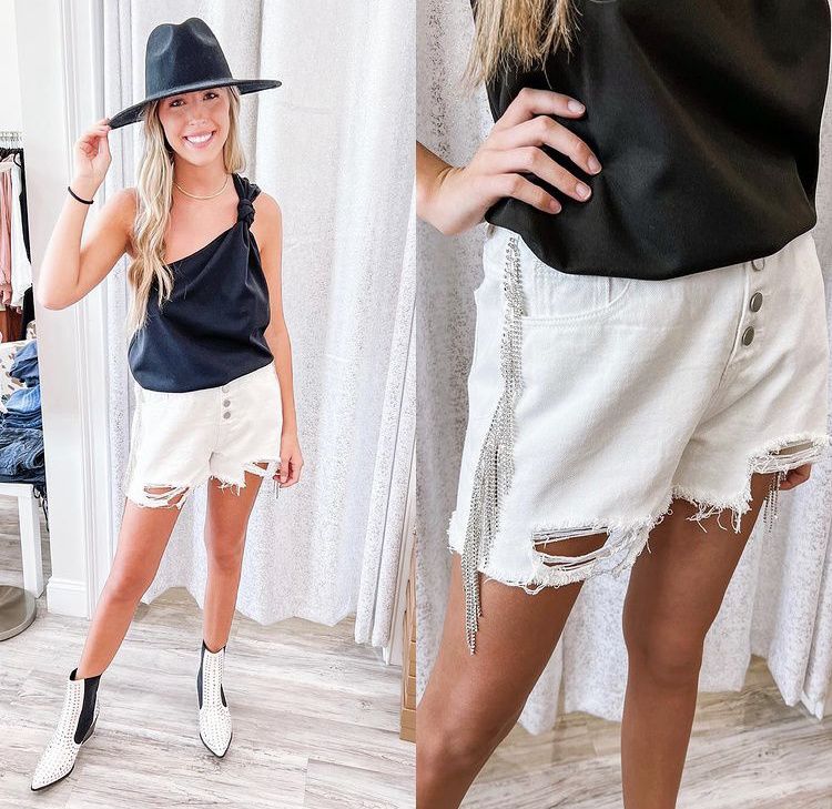 Rhinestone Fringe Detail Denim Shorts - Ivory