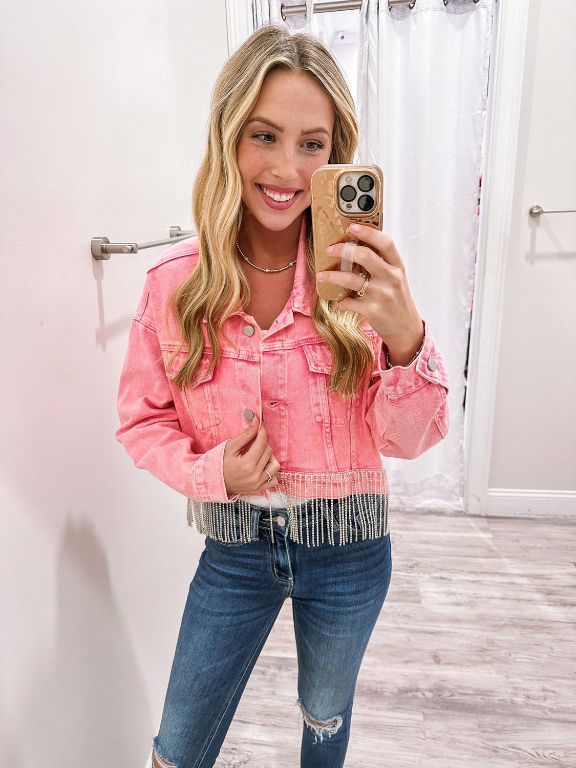 Rhinestone Fringe Cropped Denim Jacket - Pink