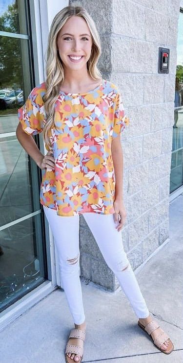 Rolled Sleeves Floral Top - Mustard