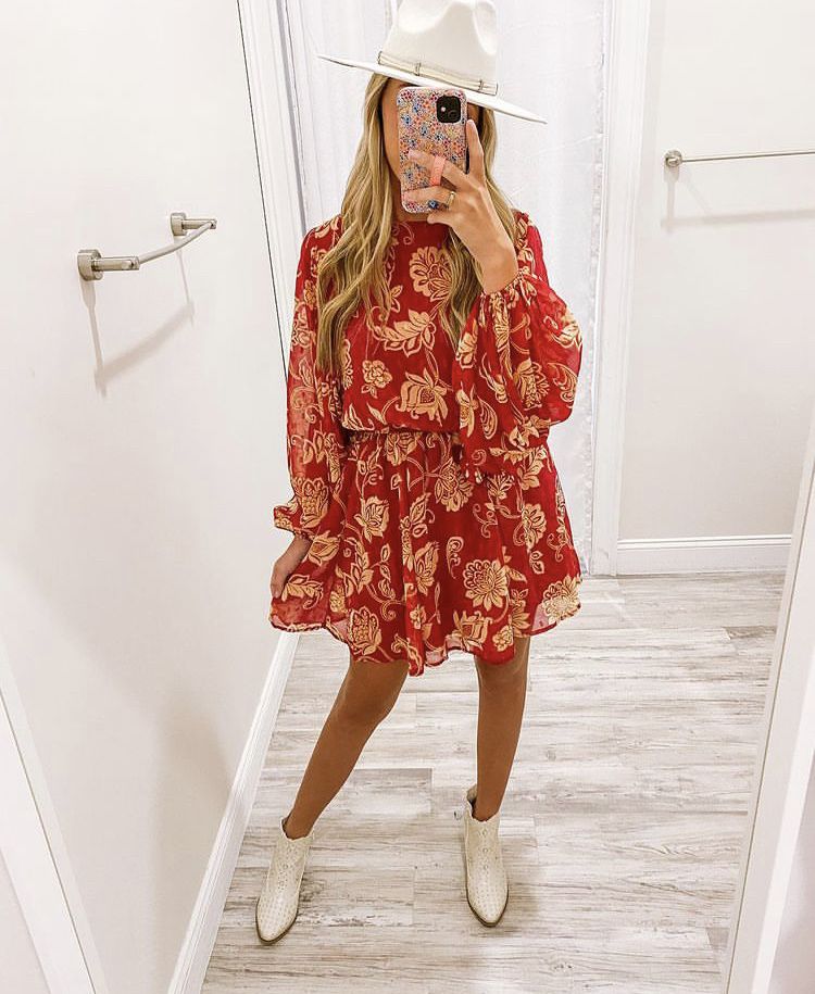 Puff Sleeves Floral Dress - Berry