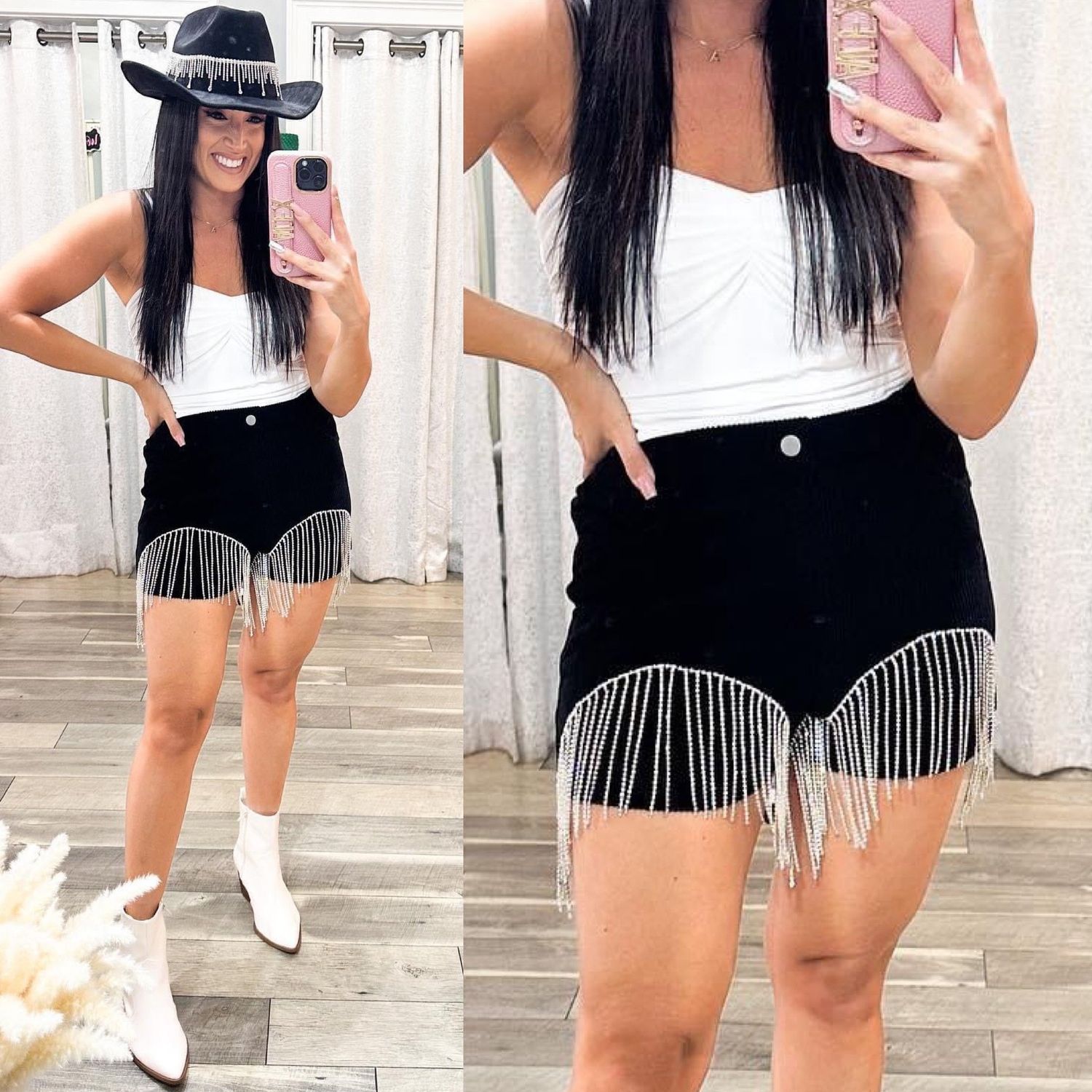 Rhinestone Fringe Corduroy Shorts  - Black