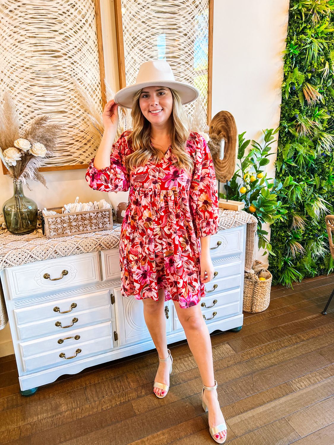 V Neck Floral Dress -Red