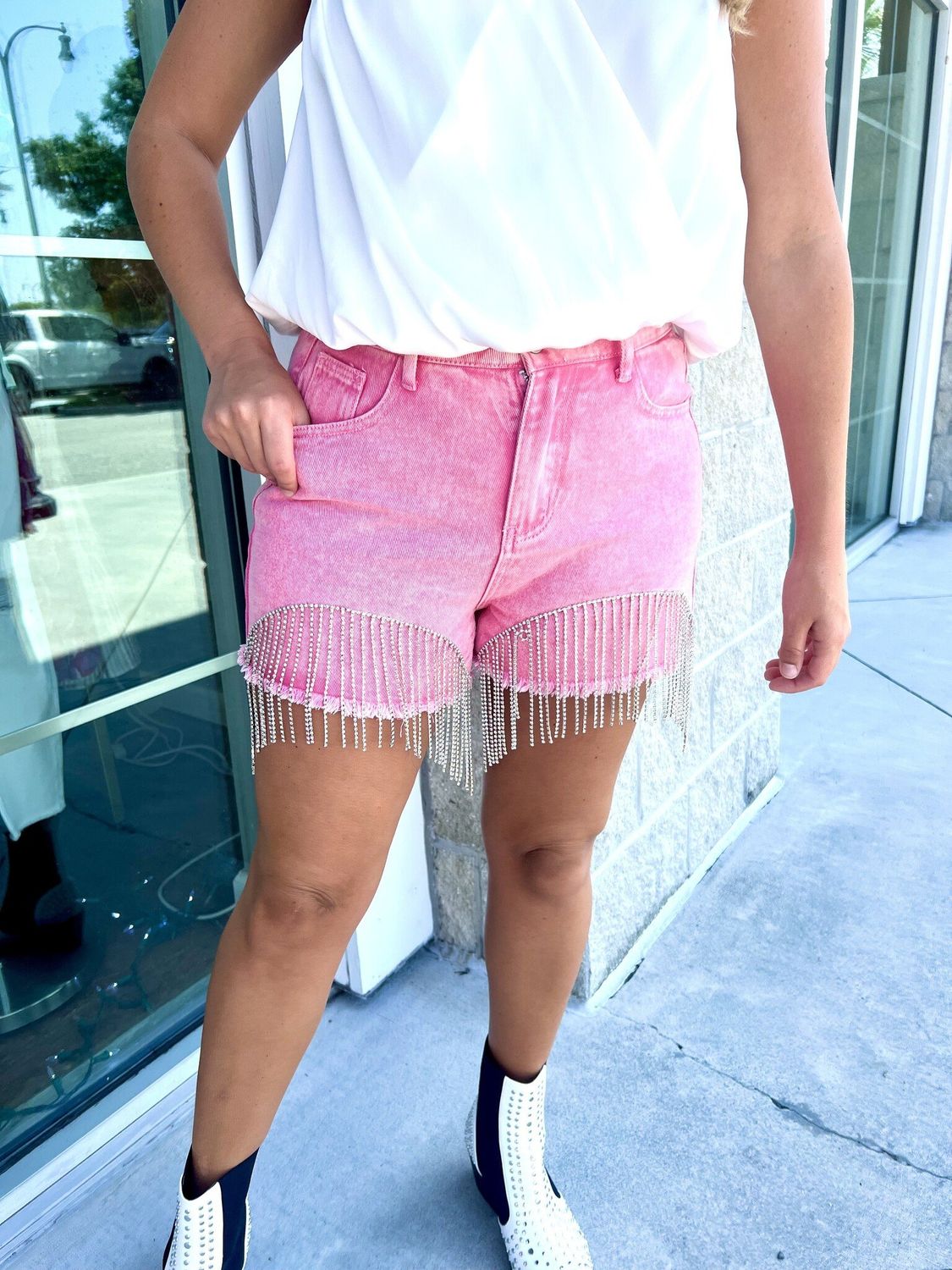 Rhinestone Fringe Denim Shorts