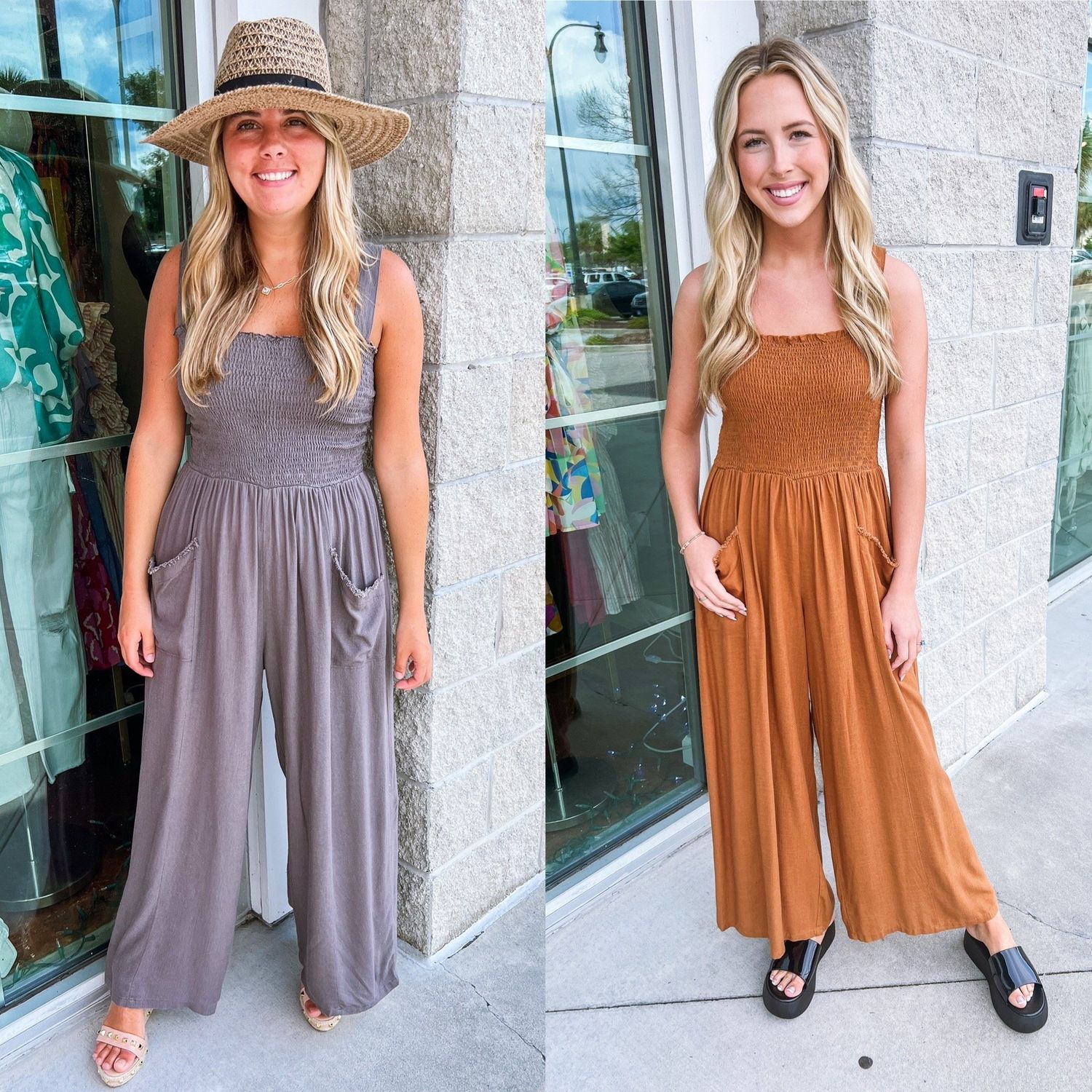 Smocked Detail Linen Cropped Jumpsuit