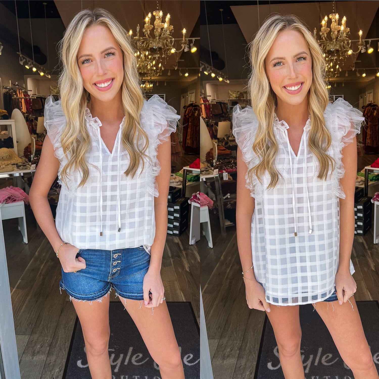 Waffle Print Ruffle Detail Top - White