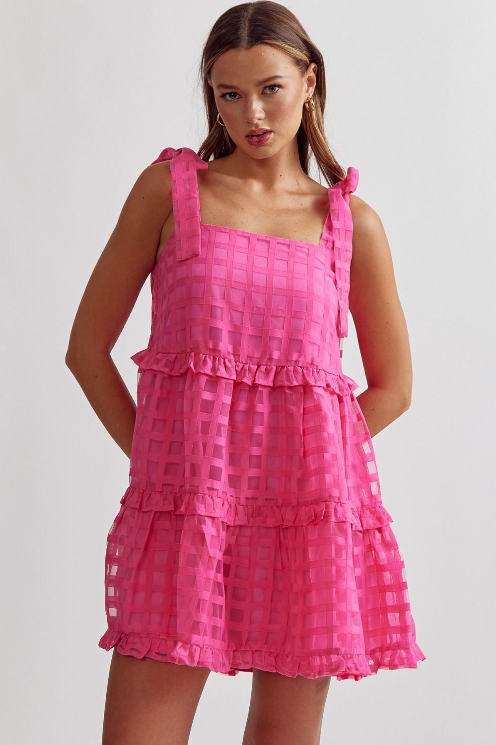 Tie Shoulders Waffle Tiered Dress - Hot Pink