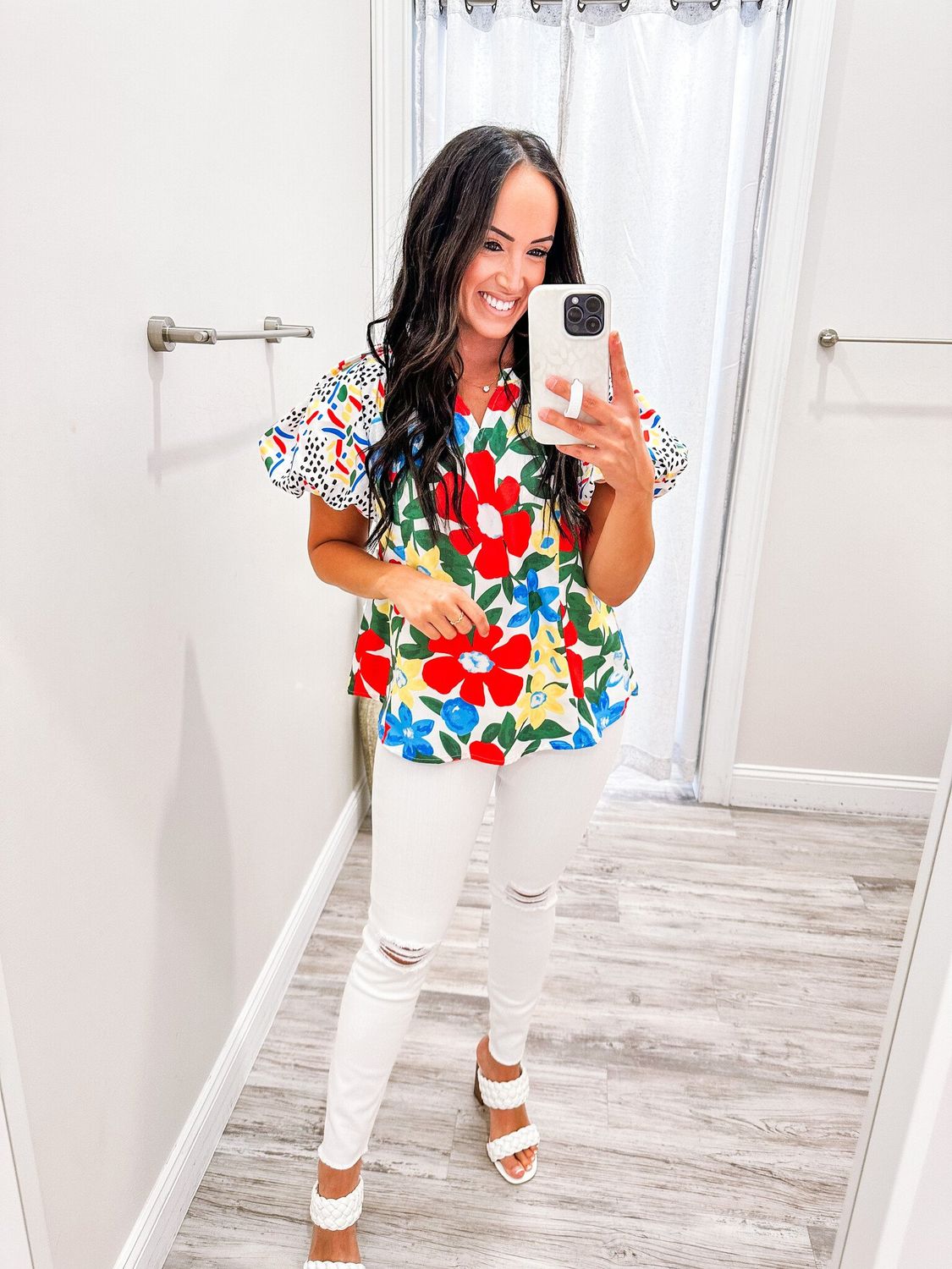 Puff Sleeves Floral Spotted Top - Off White