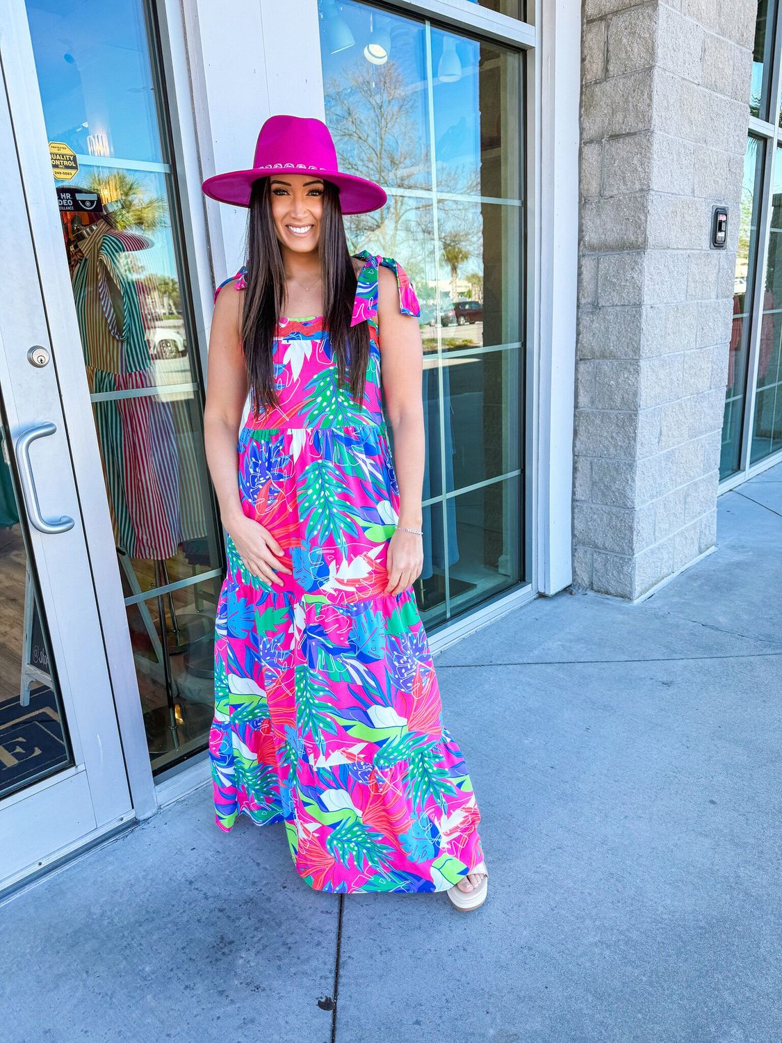 Tie Shoulders Tropical Maxi Dress - Hot Pink