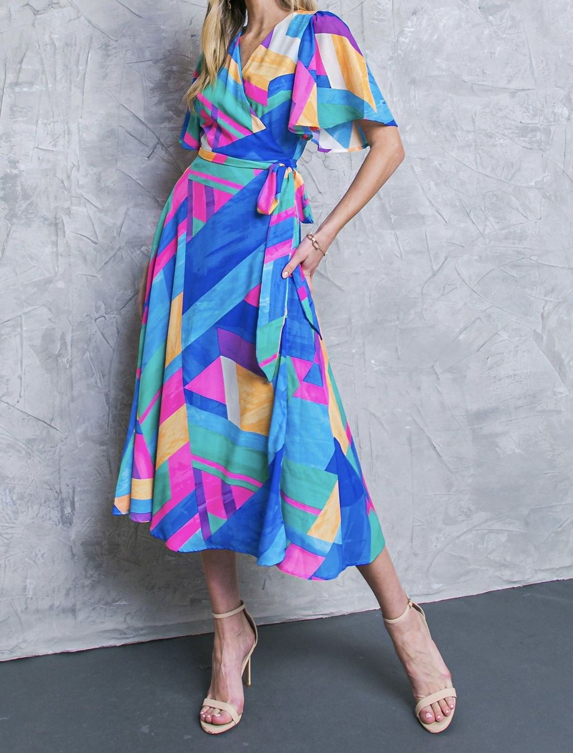Abstract Wrap Midi Dress - Blue