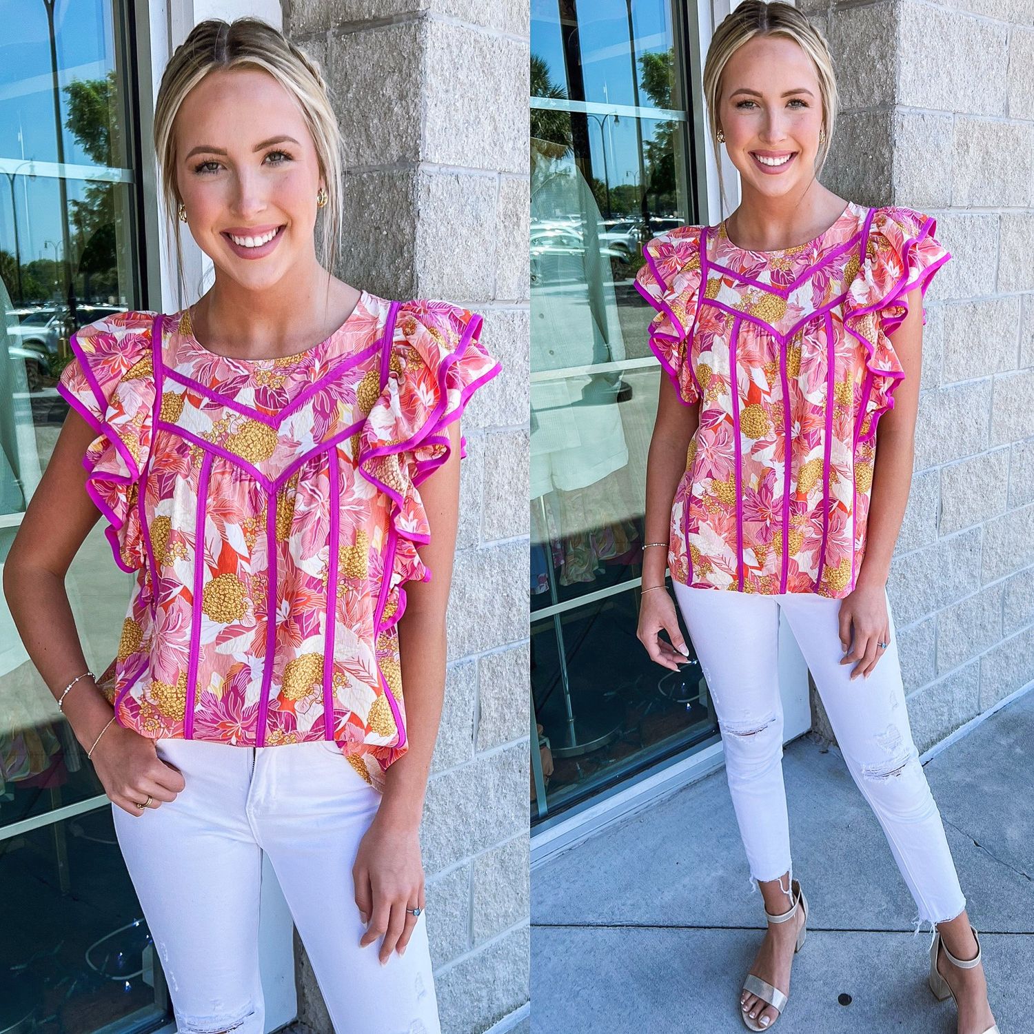 Contrast Pipe Floral Top - Pink