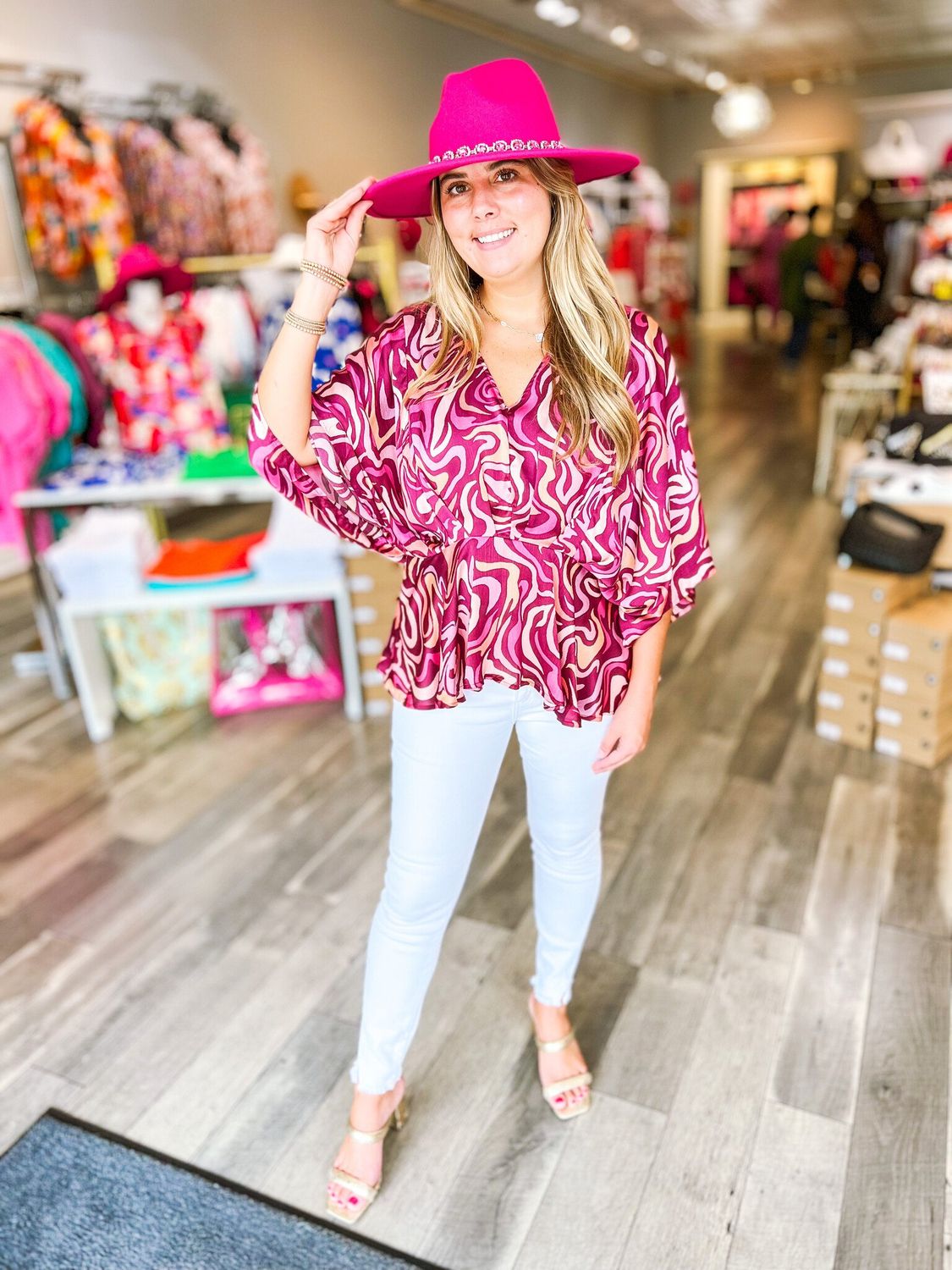Abstract Satin Kimono Top - Magenta