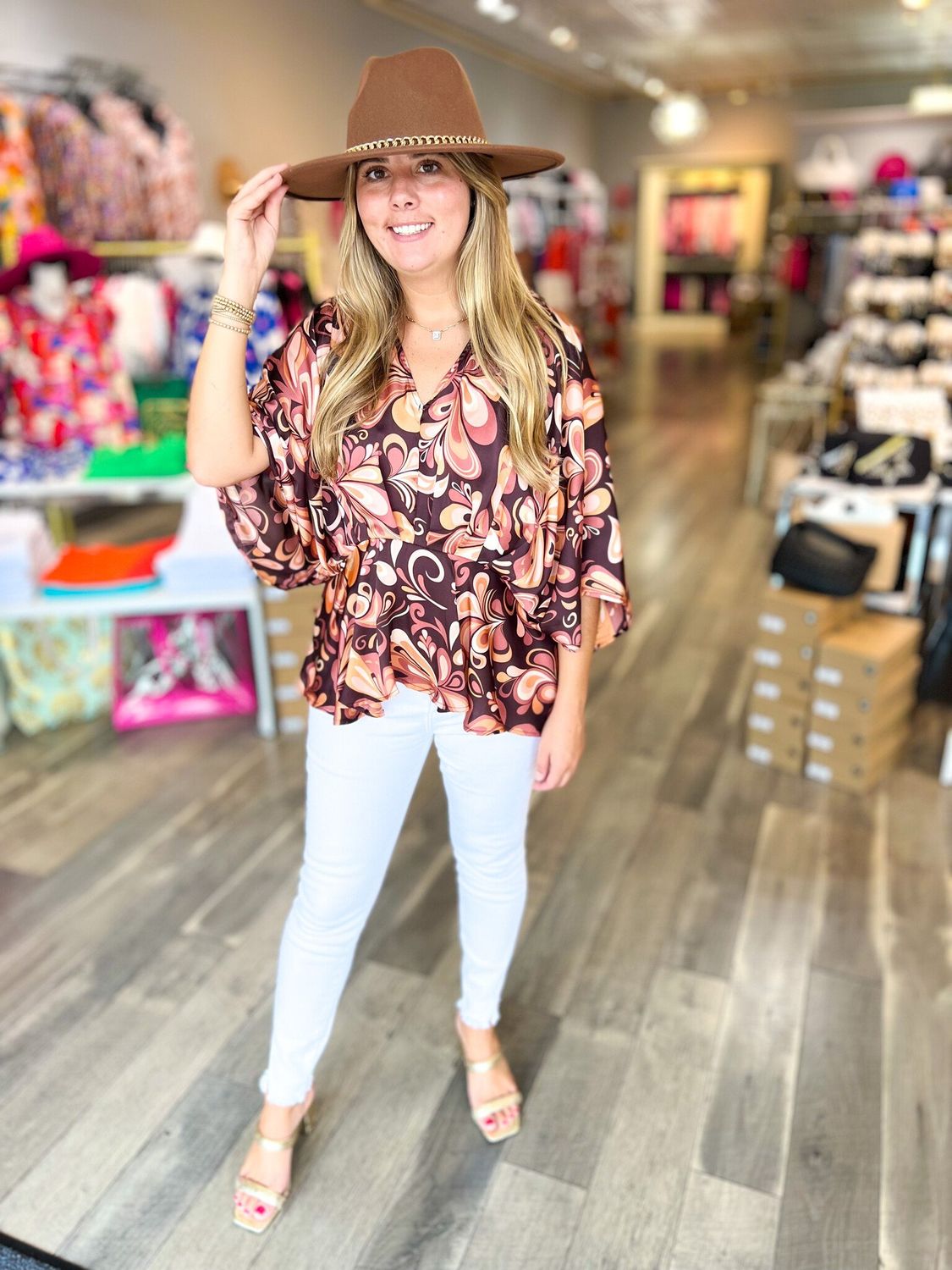 Floral Satin Kimono Top - Rust Chocolate