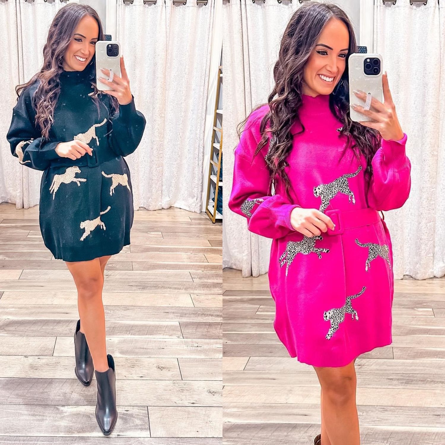 Cheetah Sweater Dress w/Belt