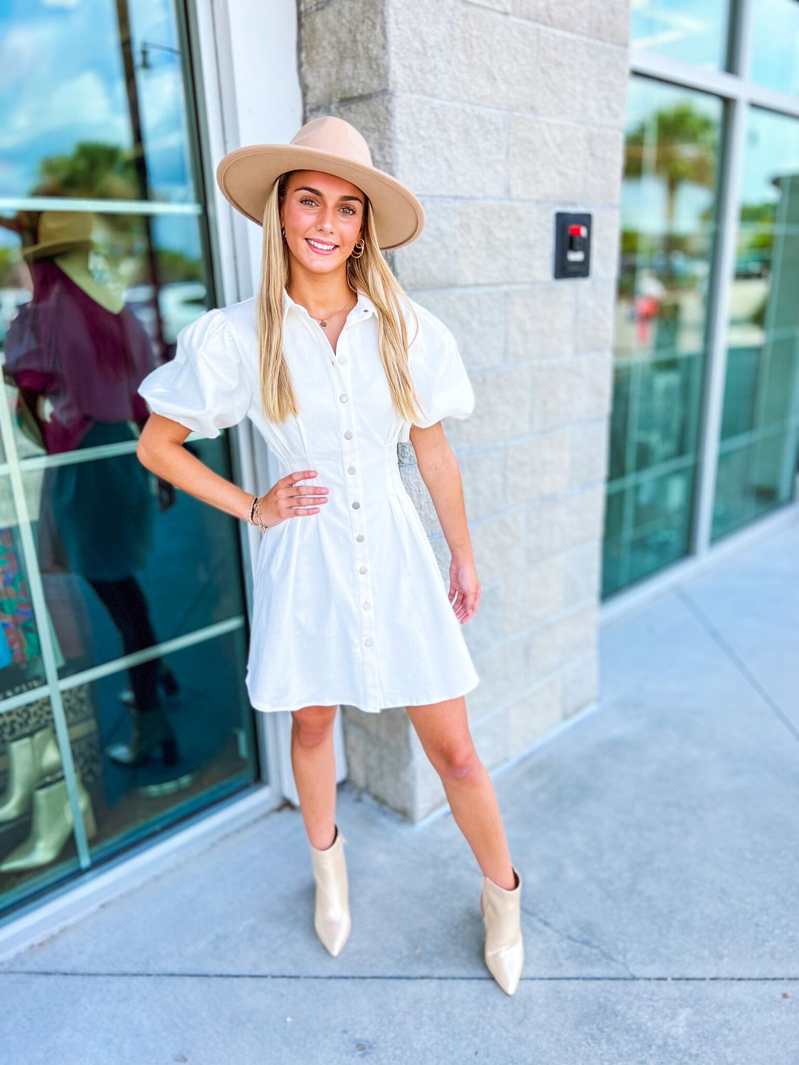 Puff Sleeves Denim Dress - White