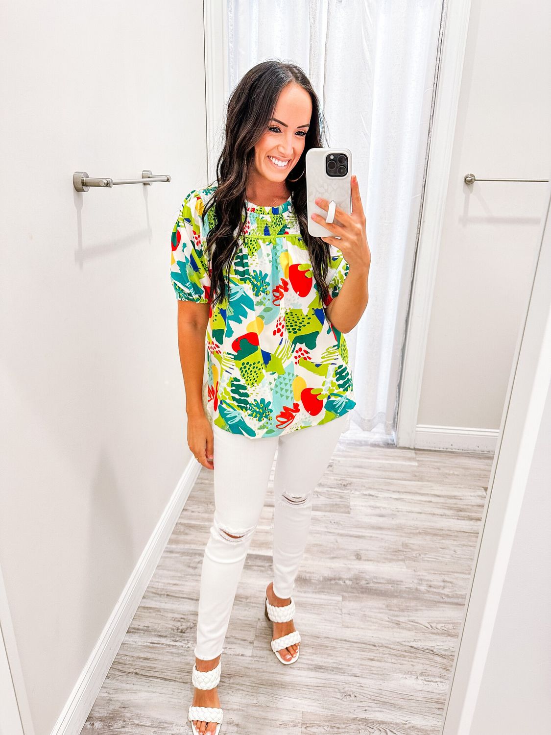 Abstract Floral Smocked Detail Top - Green