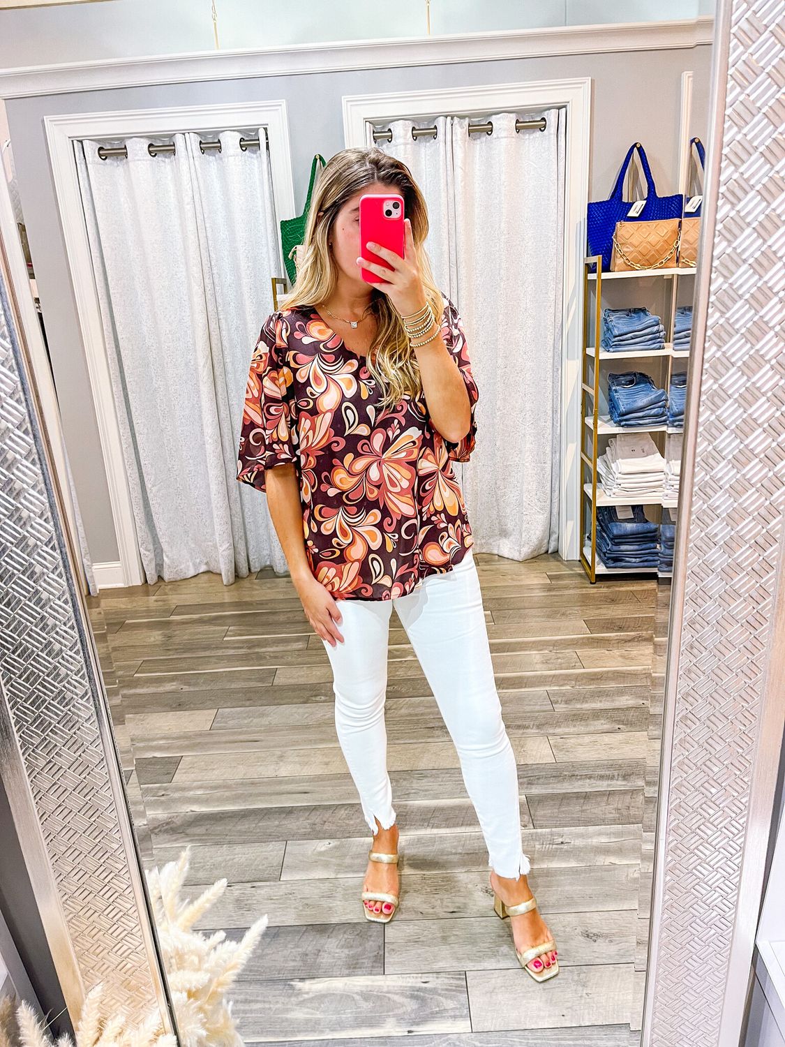Flowy Sleeves Floral Top - Rust Chocolate