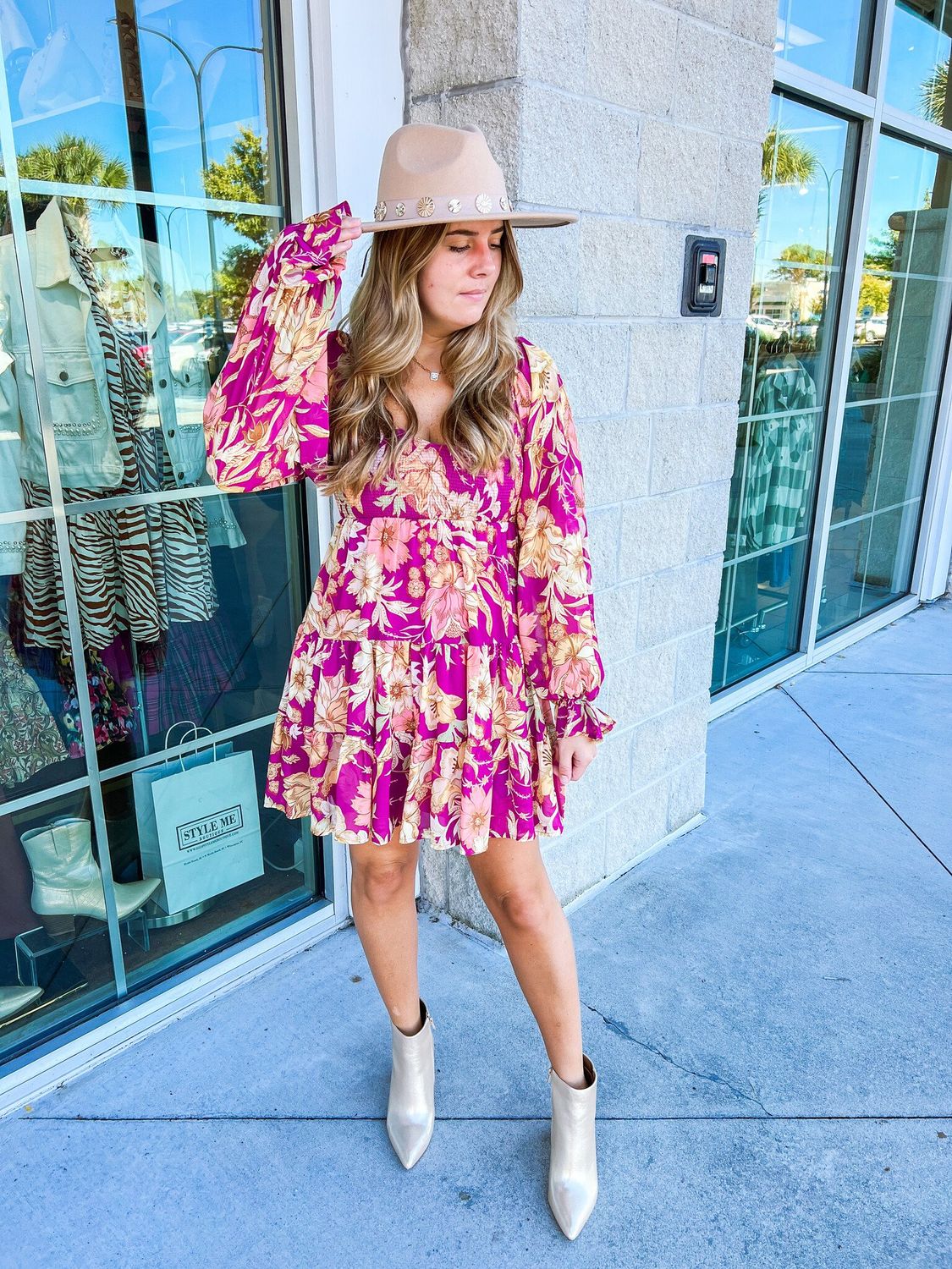 Smocked Bodice Floral Dress - Magenta