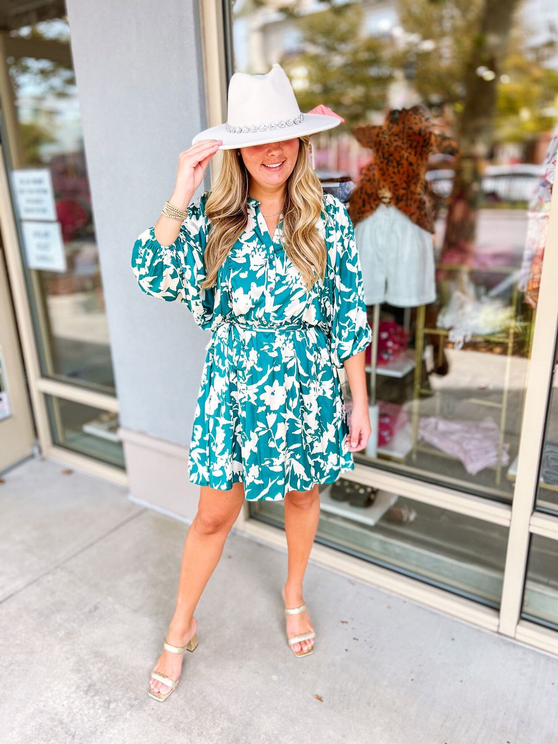 Abstract Floral Button Up Dress - Teal