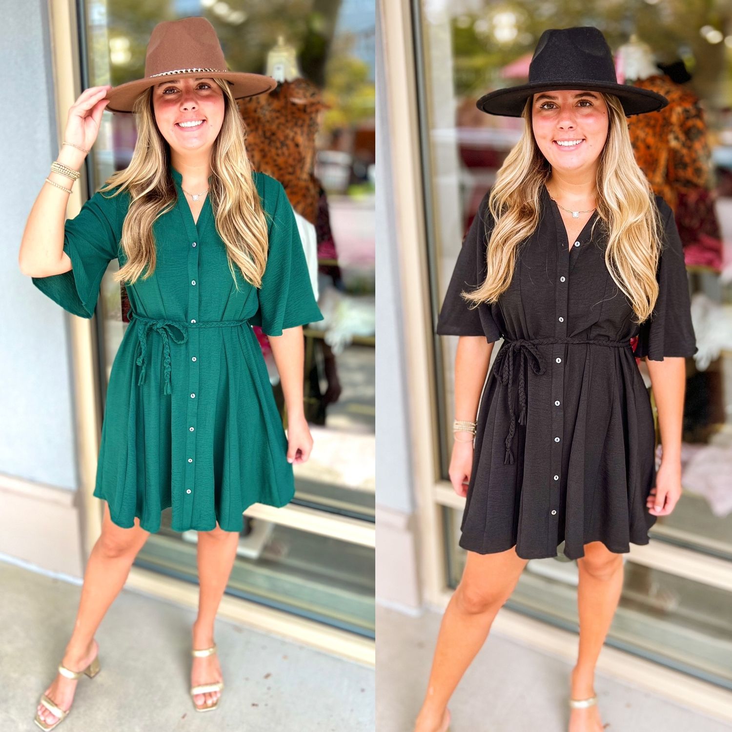 Braided Belt Flowy Button Down Dress