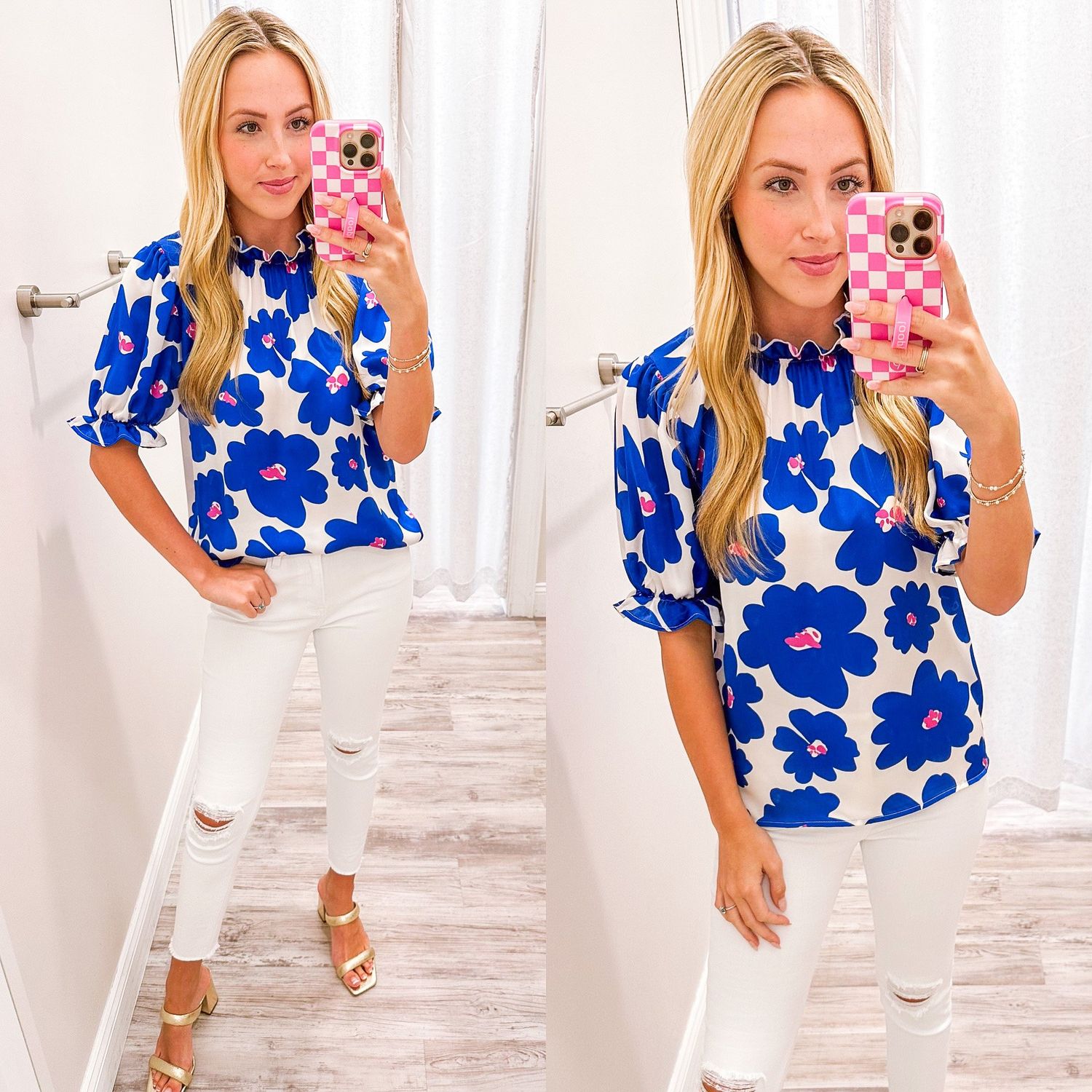 Floral Mock Neck Top - Cobalt Blue