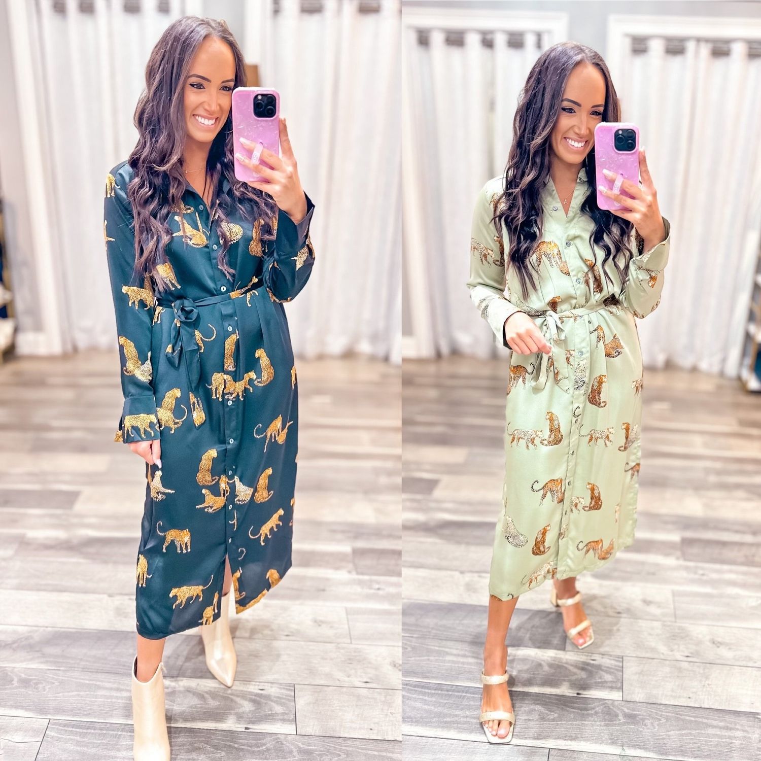 Cheetah Satin Midi Button Down Dress