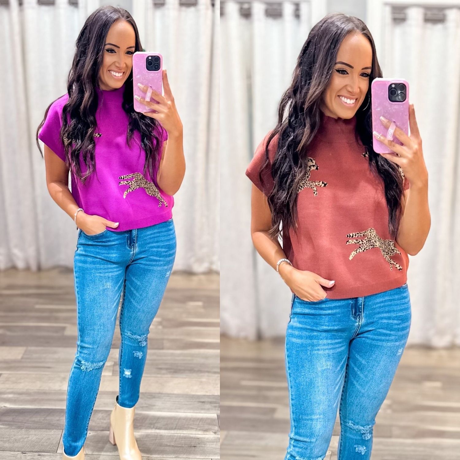 Cheetah Mock Neck Sleeveless Sweater