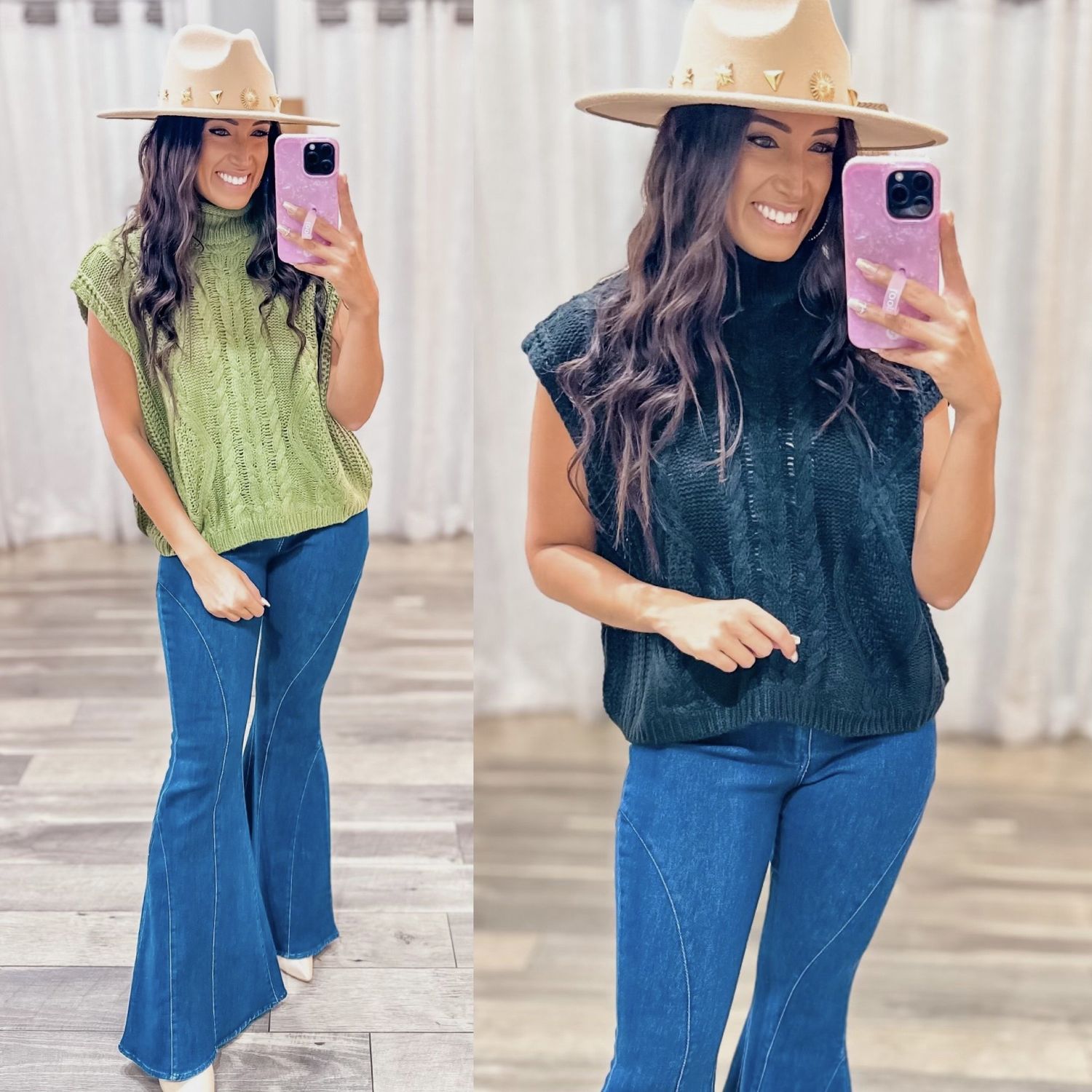 Cable Knit Sleeveless Mock Neck Sweater
