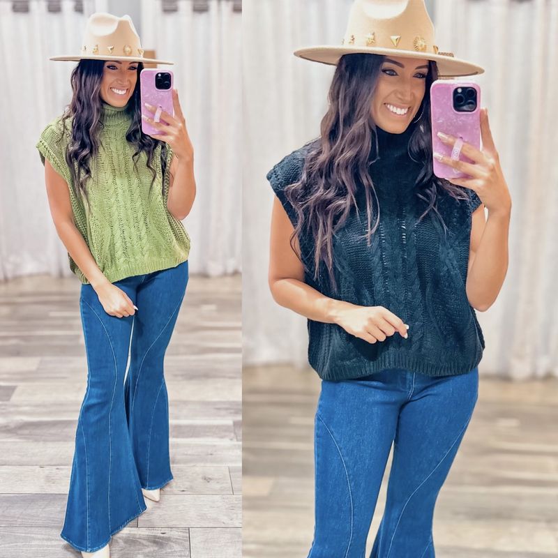 Cable Knit Sleeveless Mock Neck Sweater