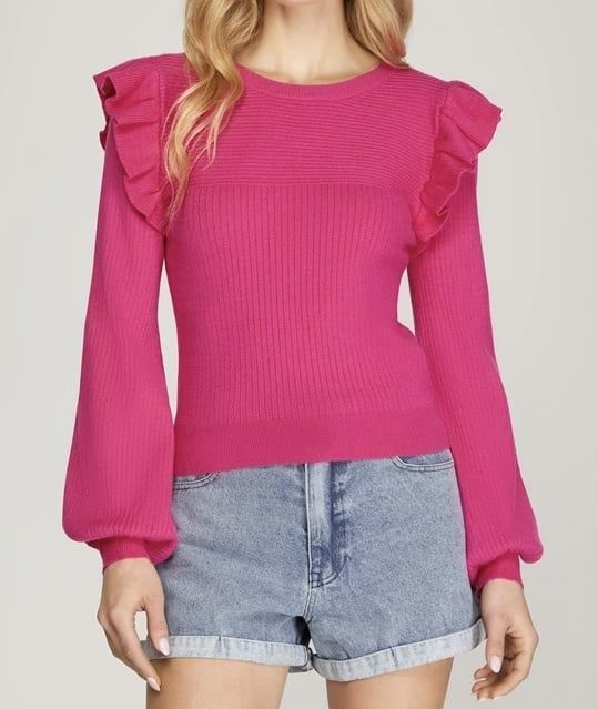 Ruffle Shoulders Lightweight Sweater