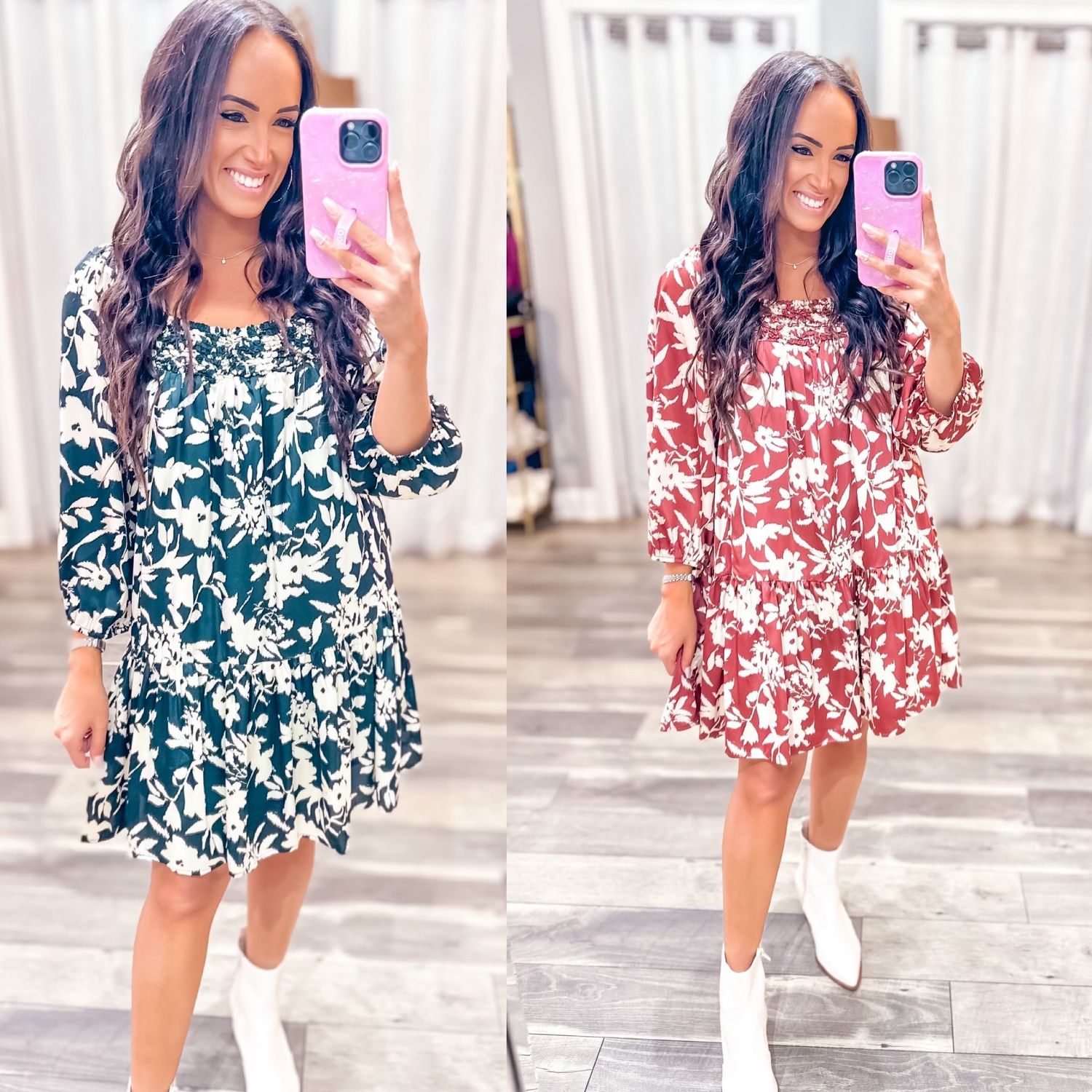 Square Neckline Satin Floral Dress