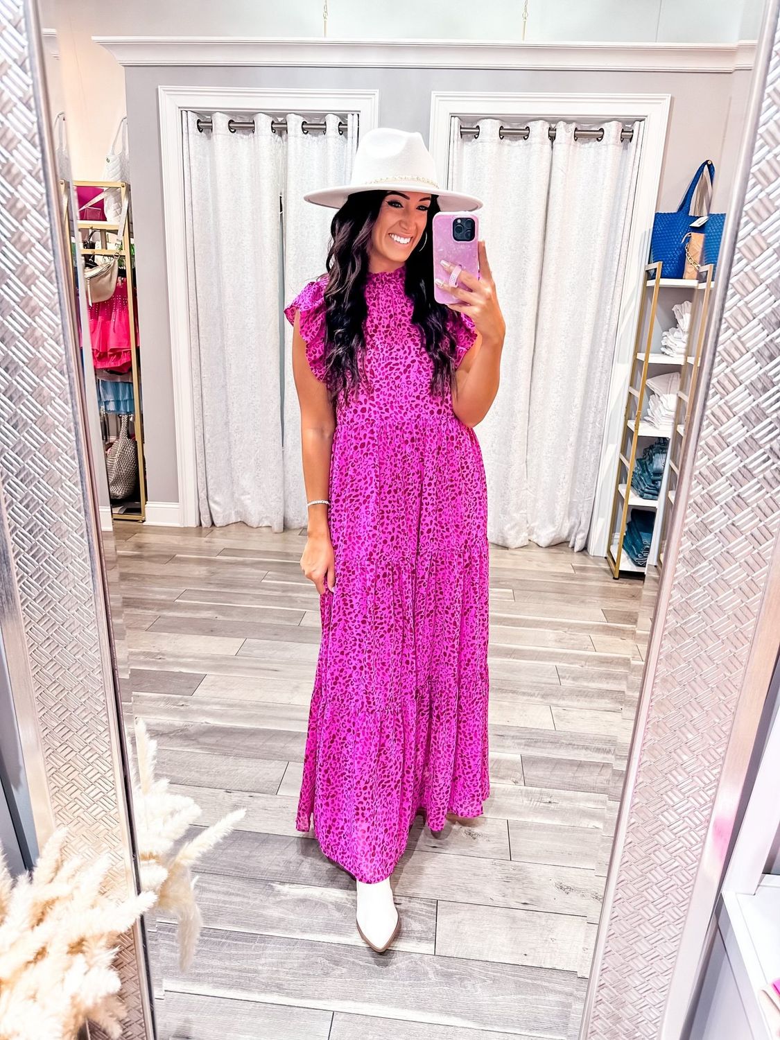 Mock Neck Leopard Maxi Dress - Magenta