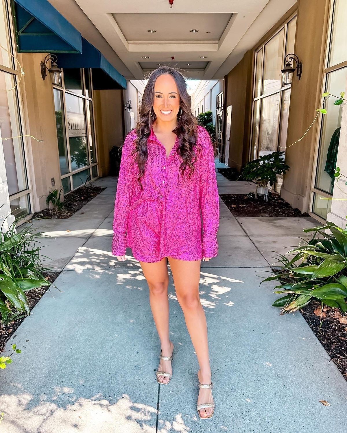 Sequin Button Down Shirt - Fuchsia