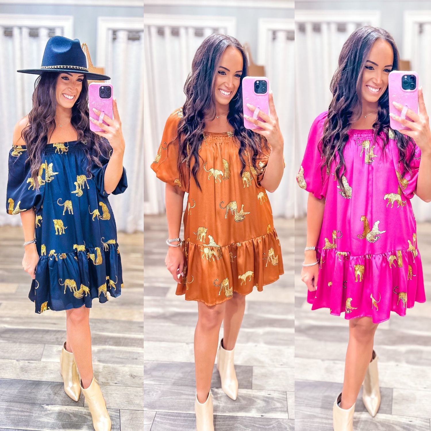 Cheetah Satin Puff Sleeves Dress