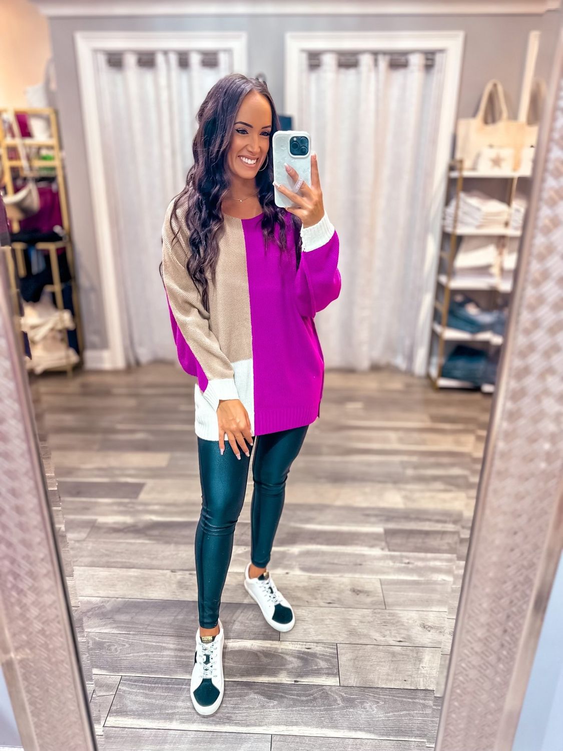 Lightweight Color Block Sweater - Magenta/Mocha