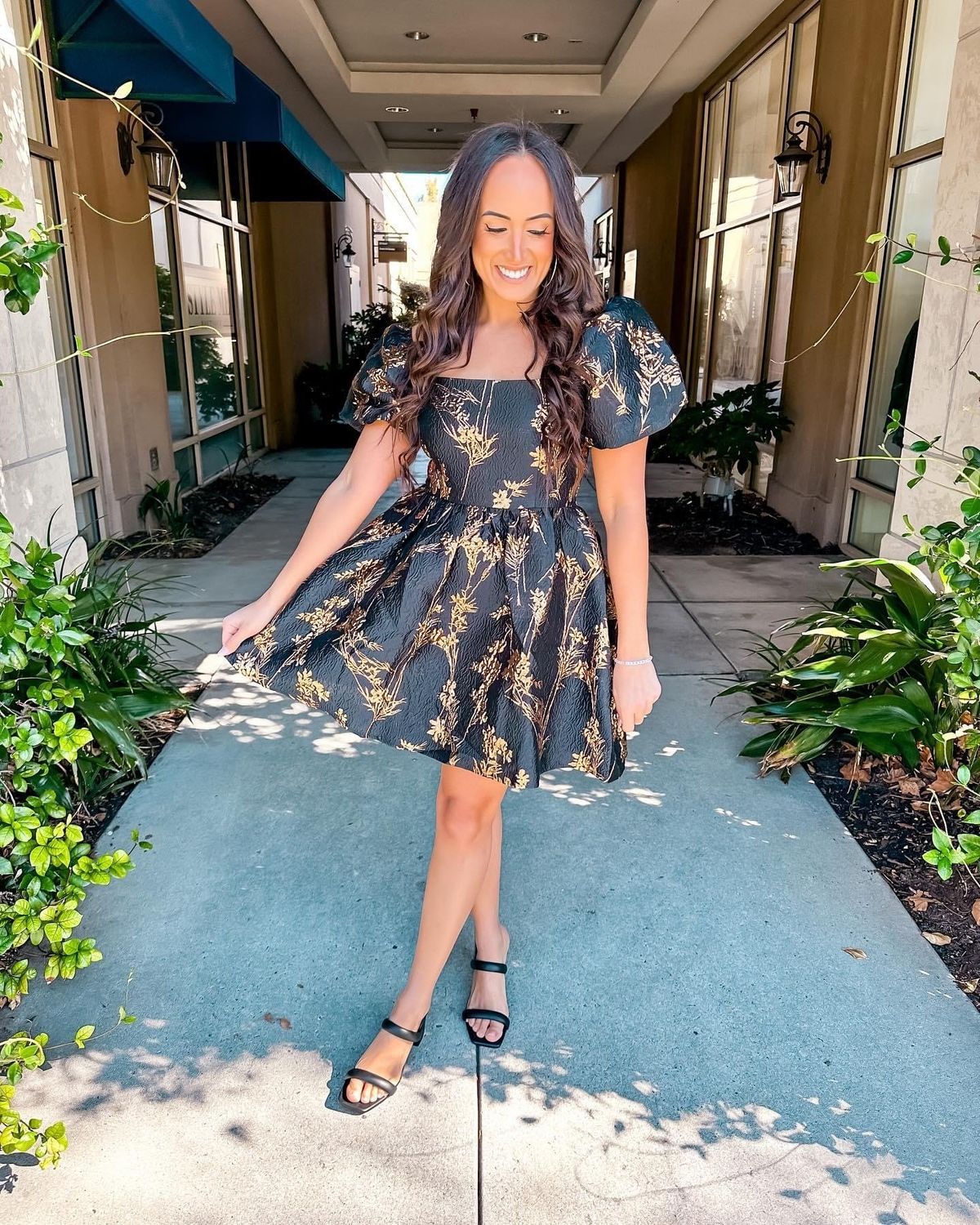Metallic Floral Jacquard Dress - Black