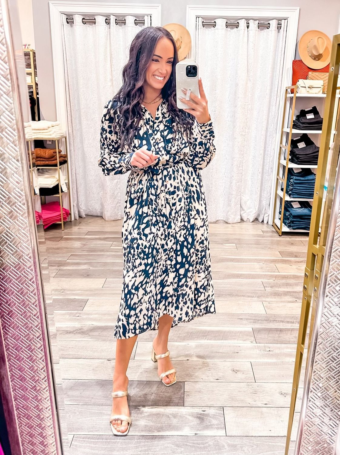 Abstract Animal Print Button Down Midi Dress - Navy