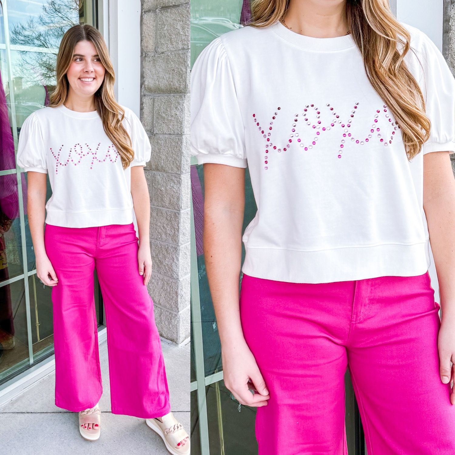 XOXO Rhinestone Puff Sleeves Top - White
