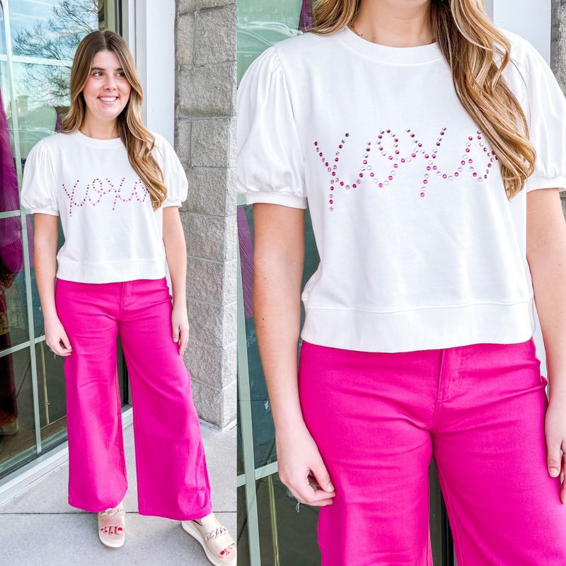 XOXO Rhinestone Puff Sleeves Top - White